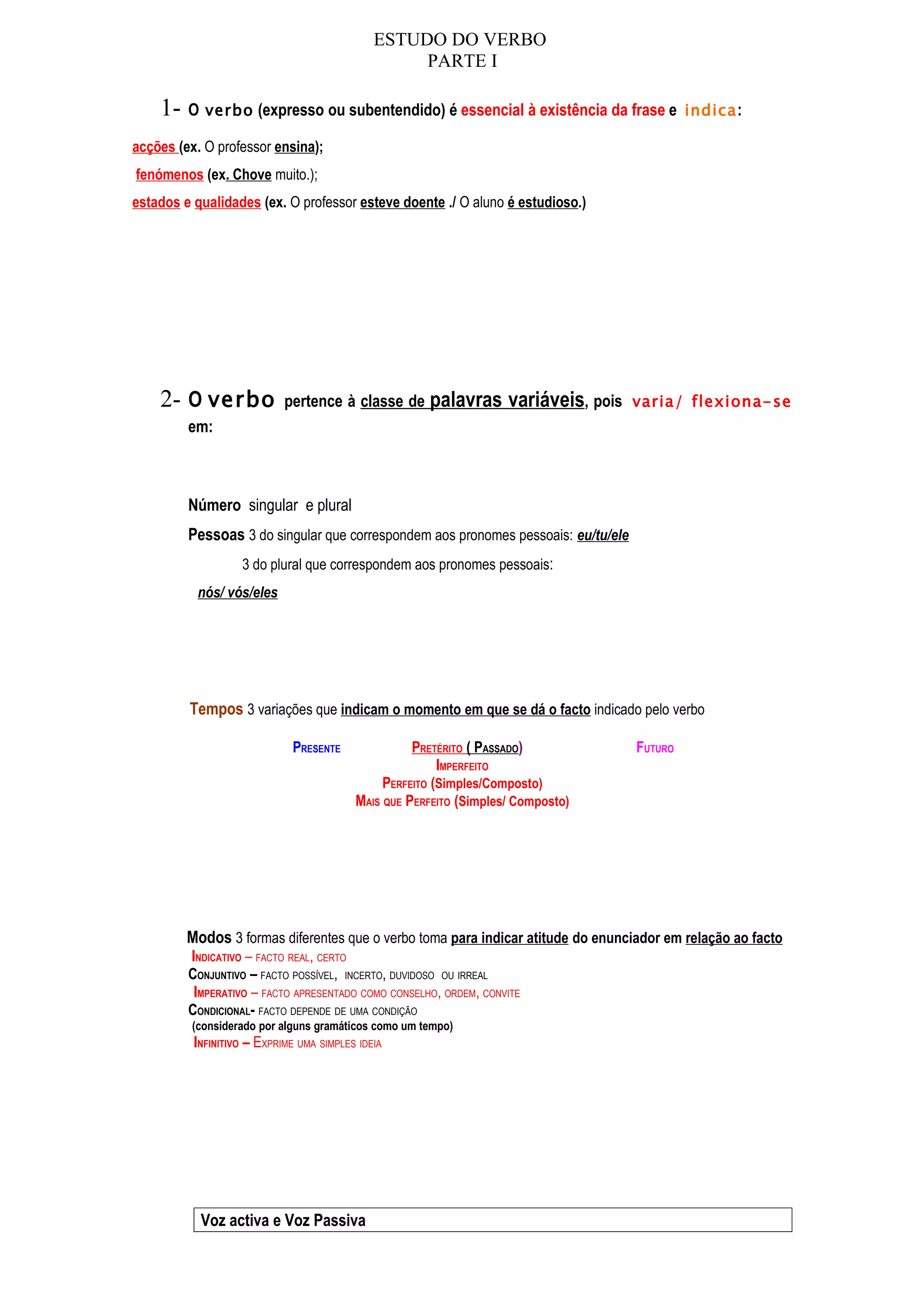 ESTUDO DO VERBO
                                                   PARTE I

    1- O verbo (expresso ou subentendido) é essencial à existência da frase e                  indica :

acções (ex. O professor ensina);
fenómenos (ex. Chove muito.);
estados e qualidades (ex. O professor esteve doente ./ O aluno é estudioso.)




    2- O verbo              pertence à classe de palavras           variáveis, pois   varia/ flexiona- se
         em:



         Número singular e plural
         Pessoas 3 do singular que correspondem aos pronomes pessoais: eu/tu/ele
                   3 do plural que correspondem aos pronomes pessoais:
           nós/ vós/eles




         Tempos 3 variações que indicam o momento em que se dá o facto indicado pelo verbo

                              PRESENTE              PRETÉRITO ( PASSADO)              FUTURO
                                                         IMPERFEITO
                                               PERFEITO (Simples/Composto)
                                          MAIS QUE PERFEITO (Simples/ Composto)




         Modos 3 formas diferentes que o verbo toma para indicar atitude do enunciador em relação ao facto
         INDICATIVO – FACTO REAL, CERTO
         CONJUNTIVO – FACTO POSSÍVEL, INCERTO, DUVIDOSO OU IRREAL
          IMPERATIVO – FACTO APRESENTADO COMO CONSELHO, ORDEM, CONVITE
         CONDICIONAL- FACTO DEPENDE DE UMA CONDIÇÃO
          (considerado por alguns gramáticos como um tempo)
          INFINITIVO – EXPRIME UMA SIMPLES IDEIA




           Voz activa e Voz Passiva
 