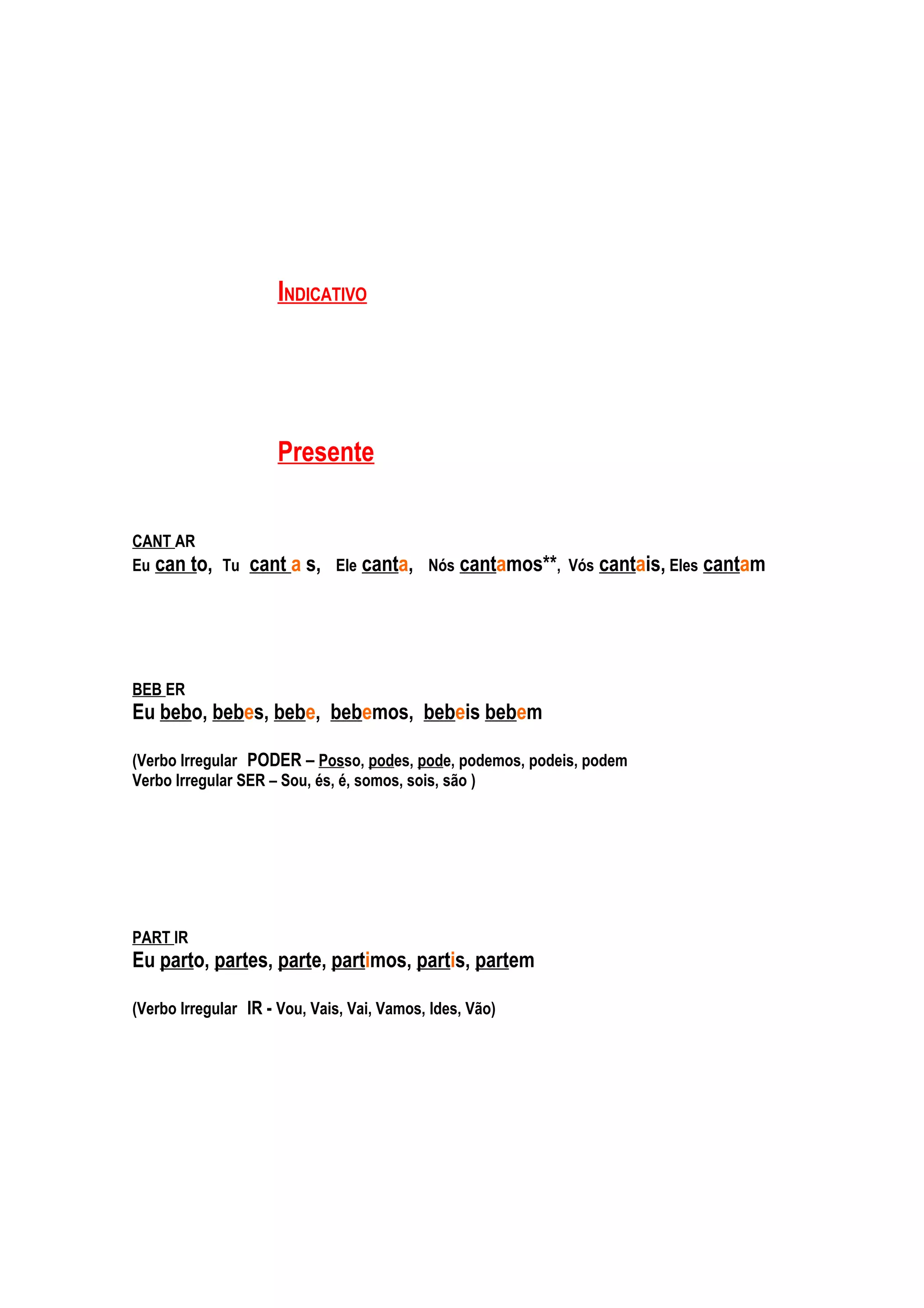 INDICATIVO




                      Presente


CANT AR
Eu can to, Tu    cant a s,    Ele canta, Nós cantamos**, Vós cantais, Eles cantam




BEB ER
Eu bebo, bebes, bebe, bebemos, bebeis bebem

(Verbo Irregular PODER – Posso, podes, pode, podemos, podeis, podem
Verbo Irregular SER – Sou, és, é, somos, sois, são )




PART IR
Eu parto, partes, parte, partimos, partis, partem

(Verbo Irregular IR - Vou, Vais, Vai, Vamos, Ides, Vão)
 