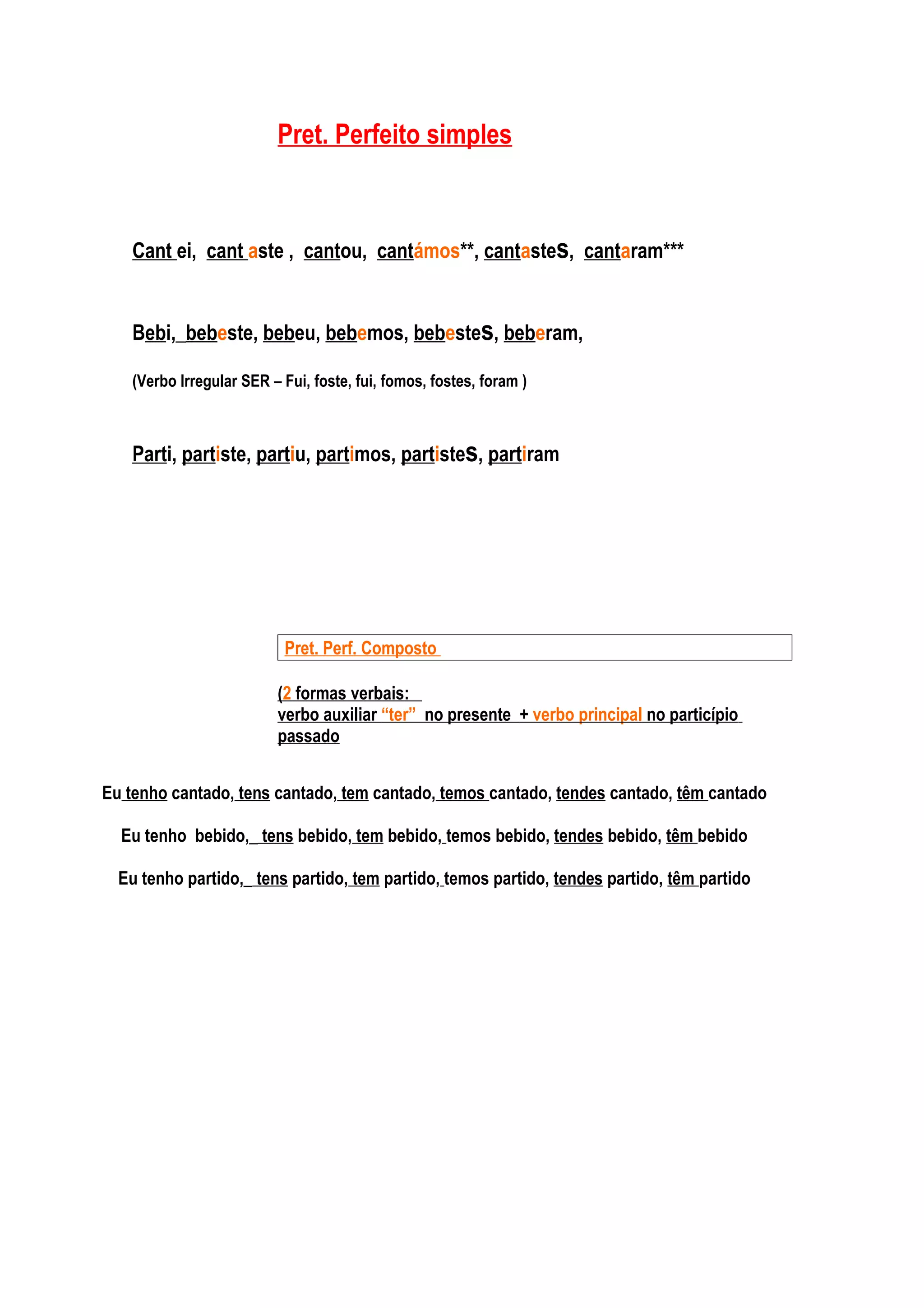 Pret. Perfeito simples



   Cant ei, cant aste , cantou, cantámos**, cantastes, cantaram***


   Bebi,_bebeste, bebeu, bebemos, bebestes, beberam,

   (Verbo Irregular SER – Fui, foste, fui, fomos, fostes, foram )



   Parti, partiste, partiu, partimos, partistes, partiram




                          Pret. Perf. Composto

                         (2 formas verbais:
                         verbo auxiliar “ter” no presente + verbo principal no particípio
                         passado


Eu tenho cantado, tens cantado, tem cantado, temos cantado, tendes cantado, têm cantado

  Eu tenho bebido,_ tens bebido, tem bebido, temos bebido, tendes bebido, têm bebido

  Eu tenho partido,_ tens partido, tem partido, temos partido, tendes partido, têm partido
 