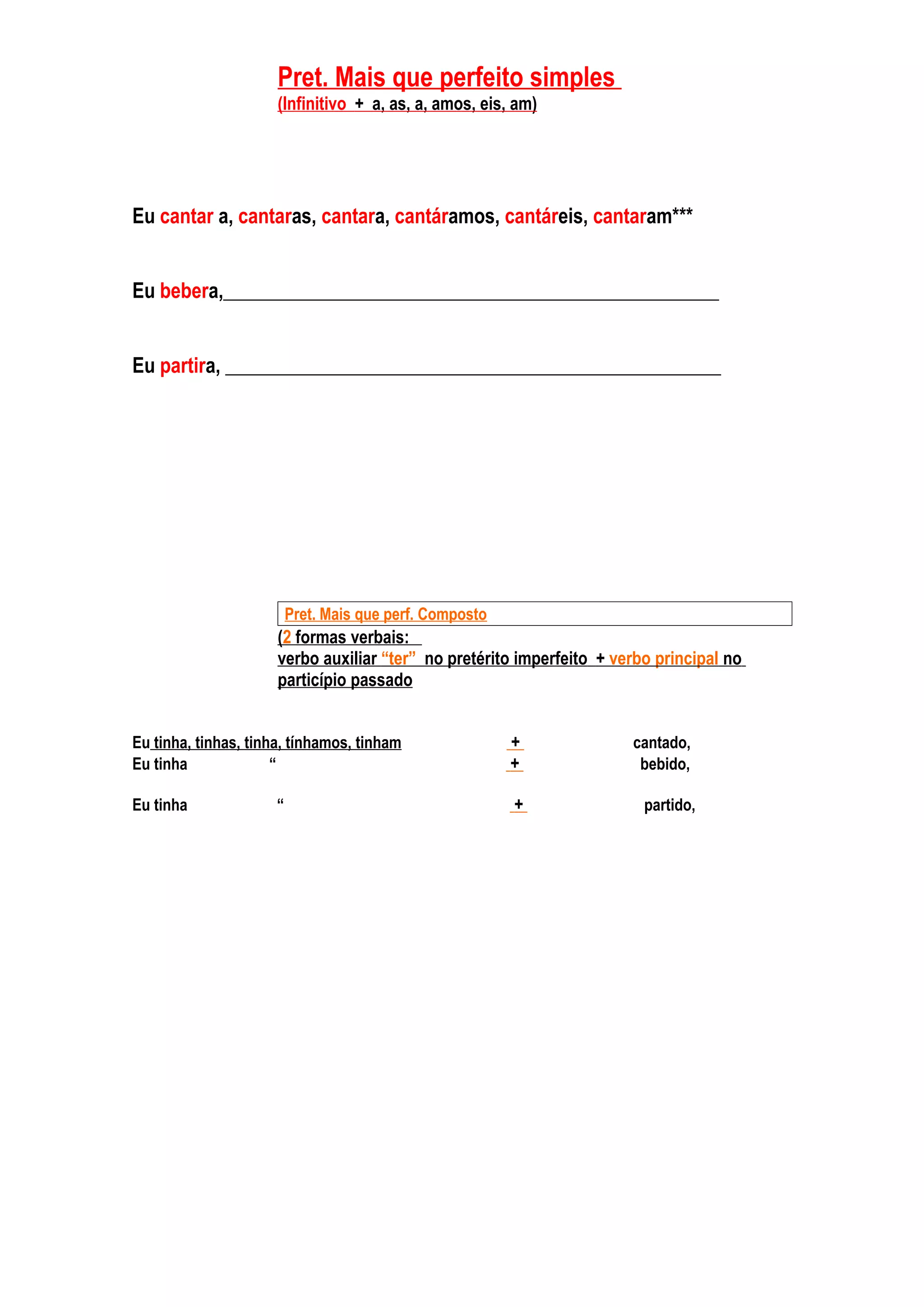 Pret. Mais que perfeito simples
                      (Infinitivo + a, as, a, amos, eis, am)




Eu cantar a, cantaras, cantara, cantáramos, cantáreis, cantaram***


Eu bebera,__________________________________________________


Eu partira, __________________________________________________




                          Pret. Mais que perf. Composto
                      (2 formas verbais:
                      verbo auxiliar “ter” no pretérito imperfeito + verbo principal no
                      particípio passado


Eu tinha, tinhas, tinha, tínhamos, tinham                 +            cantado,
Eu tinha              “                                   +             bebido,

Eu tinha              “                                   +              partido,
 