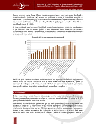 Identificação de Fatores Facilitadores da Utilização de Recursos Educativos
Digitais pelos Professores: A Perspetiva de Especialistas num Estudo e-Delphi
Cornélia Castro, António M. de Andrade y José Lagarto
174
Quanto à terceira ronda (figura 4),foram considerados como fatores mais importantes: Usabilidade -
qualidade científica (média de 5,47); Crenças dos professores - motivação; Usabilidade pedagógica -
flexibilidade e Usabilidade pedagógica - motivação.Os considerados menos importantes foram: Facilidade
de pesquisa; Usabilidade - direitos de autor, Usabilidade pedagógica - duração e Usabilidade -
durabilidade (média de 18,84).
O fator considerado mais importante (Usabilidade: qualidade científica) pelos peritos é-o nas três rondas
o que demonstra uma concordância perfeita. O fator considerado menos importante (Usabilidade -
durabilidade) é-o nas primeira e terceira rondas, o que demonstra uma concordância bastante satisfatória
entre os membros do painel.
FIGURA 4. GRÁFICO DAS MÉDIAS OBTIDAS NA RONDA 3
Verifica-se, pois, com estes resultados preliminares que ocorre alguma consistência nos resultados das
rondas quanto aos fatores considerados mais e menos importantes pelos especialistas, apesar de
ocorrerem, de ronda para ronda e no que respeita sobretudo aos fatores menos importantes, acertos nas
suas posições relativas, o que exigirá um estudo mais aprofundado e complexo.
5. CONCLUSÕES
Embora assumindo um cariz exploratório, a investigação permitiu a recolha de alguma evidência sobre os
fatores que especialistas portugueses em educação consideram ser os facilitadores da utilização de RED
pelos professores do ensino básico e secundário.
Consideramos que os resultados preliminares que ora aqui apresentámos (e que se enquadram num
estudo mais amplo) são já esclarecedores no que respeita à perspetiva apresentada pelos especialistas
relativamente às características que um RED deve possuir para facilitar a sua adoção e consequente
integração nas práticas pedagógicas dos professores do ensino básico e secundário. Será agora
necessário efetuar uma análise estatística mais complexa (análise de clusters) que permita verificar a
 