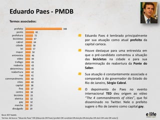 Eduardo Paes - PMDB
        Termos associados:

           prefeito                                               348
              ponte                  82
        prefeitura                  72                                              •    Eduardo Paes é lembrado principalmente
         bicicletas                67
                                                                                         por sua atuação como atual prefeito da
             cabral                64
             cidade               58                                                     capital carioca.
                   lei            57
             mayor               50
                                                                                    •    Houve destaque para uma entrevista em
        entrevista              46                                                       que o pré-candidato comentou a situação
              video             44                                                       das bicicletas na cidade e para sua
            trafego             43
          reaberta              43
                                                                                         determinação de reabertura da Ponte do
      determinou                43                                                       Saber.
       reabertura              42
                  rua          41                                                   •    Sua atuação é constantemente associada e
   commandments                40                                                        comparada à do governador do Estado do
               cities          40                                                        Rio de Janeiro, Sérgio Cabral.
             capital           38
                 fina          37                                                   •    O depoimento de Paes no evento
             centro           34
          bicicleta           33
                                                                                         internacional TED deu origem ao vídeo
           eletrica           32                                                         “The 4 commandments of cities”, que foi
                 gay          32                                                         disseminado no Twitter. Nele o prefeito
           marcha             29                                                         sugere o Rio de Janeiro como capital gay.
        divulgado             29

Base: 837 tweets
Termos de busca: "Eduardo Paes" OR ((Eduardo OR Paes) (prefeit OR candidat OR eleição OR eleições OR eleit OR voto OR votar))
 