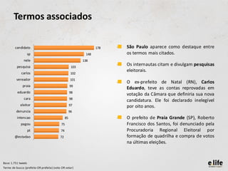 Termos associados

         candidato                                                  178   •   São Paulo aparece como destaque entre
                     sp                                       148             os termos mais citados.
               nele                                          138
          pesquisa                                     103
                                                                          •   Os internautas citam e divulgam pesquisas
             carlos
                                                                              eleitorais.
                                                       102
          vereador                                    101
                                                                          •   O ex-prefeito de Natal (RN), Carlos
              praia                                   99
                                                                              Eduardo, teve as contas reprovadas em
          eduardo                                     98
                                                                              votação da Câmara que definiria sua nova
               cara                                   98
                                                                              candidatura. Ele foi declarado inelegível
             eleitor                                  97                      por oito anos.
          denuncia                                    96
          intencao                               85                       •   O prefeito de Praia Grande (SP), Roberto
             pagou                          75                                Francisco dos Santos, foi denunciado pela
                     pt                     74                                Procuradoria Regional Eleitoral por
        @estadao                           72                                 formação de quadrilha e compra de votos
                                                                              na últimas eleições.



Base: 1.751 tweets
Termo de busca: (prefeito OR prefeita) (voto OR votar)
 