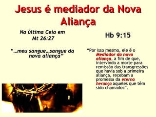 Jesus é mediador da Nova
Aliança
Na última Ceia em
Mt 26:27

Hb 9:15

“…meu sangue…sangue da
nova aliança”

“Por isso mesmo, ele é o
Mediador da nova
aliança, a fim de que,
intervindo a morte para
remissão das transgressões
que havia sob a primeira
aliança, recebam a
promessa da eterna
herança aqueles que têm
sido chamados”.

 