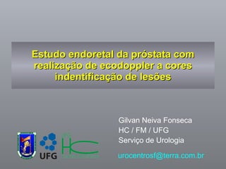 Estudo endoretal da próstata com realização de ecodoppler a cores indentificação de lesões Gilvan Neiva Fonseca HC / FM / UFG Serviço de Urologia [email_address] 