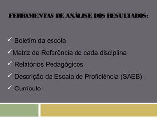 FERRAMENTAS DE ANÁLISE DOS RESULTADOS: 
 Boletim da escola 
Matriz de Referência de cada disciplina 
 Relatórios Pedagógicos 
 Descrição da Escala de Proficiência (SAEB) 
 Currículo 
 