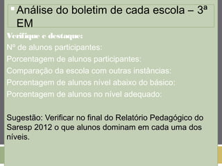 Análise do boletim de cada escola – 3ª 
EM 
Verifique e destaque: 
Nº de alunos participantes: 
Porcentagem de alunos participantes: 
Comparação da escola com outras instâncias: 
Porcentagem de alunos nível abaixo do básico: 
Porcentagem de alunos no nível adequado: 
Sugestão: Verificar no final do RReellaattóórriioo PPeeddaaggóóggiiccoo ddoo 
SSaarreesspp 22001122 oo qquuee aalluunnooss ddoommiinnaamm eemm ccaaddaa uummaa ddooss 
nníívveeiiss.. 
 