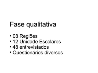 Fase qualitativa  08 Regiões  12 Unidade Escolares 48 entrevistados Questionários diversos 