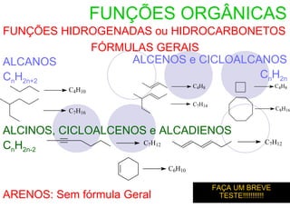 FUNÇÕES ORGÂNICAS
FUNÇÕES HIDROGENADAS ou HIDROCARBONETOS
            FÓRMULAS GERAIS
ALCANOS          ALCENOS e CICLOALCANOS
CnH2n+2                             CnH2n
                                    C 4H 8                        C 4H 8
           C4H10

                                    C7H14
           C7H16                                                  C8H16



ALCINOS, CICLOALCENOS e ALCADIENOS
                                                             C7H12
CnH2n-2              C7H12


                            C6H10

                                             FAÇA UM BREVE
ARENOS: Sem fórmula Geral                      TESTE!!!!!!!!!!!
 