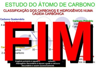 ESTUDO DO ÁTOMO DE CARBONO
  CLASSIFICAÇÃO DOS CARBONOS E HIDROGÊNIOS NUMA




FIM
                 CADEIA CARBÔNICA
Carbono Quaternário
   Ligado a outros                                                     Carbono Primário
4 átomos de carbono                                                      Ligado a apenas
                                   H                                   1 átomo de carbono

                              H C        H
                          H                  H       H         H
                    H C            C         C       C         C   H

Carbono Secundário        H                  H                 H
   Ligado a outros            H C        H       H C       H
2 átomos de carbono
                                   H                 H
                                                                        Carbono Terciário
                                                                          Ligado a outros
         Hidrogênio primário é aquele Ligado a carbono primário.
                                                                       3 átomos de carbono
            Hidrogênio Secundário é aquele ligado a carbono
                  Secundário e assim sucessivamente.
 
