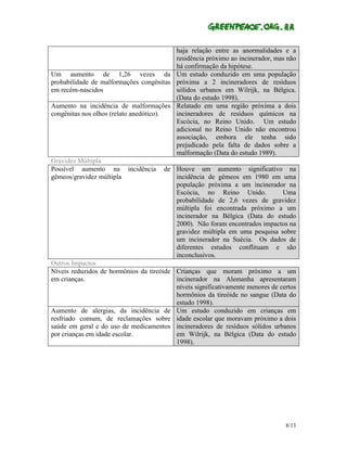 haja relação entre as anormalidades e a
                                          residência próximo ao incinerador, mas não
                                          há confirmação da hipótese.
Um aumento de 1,26 vezes da Um estudo conduzido em uma população
probabilidade de malformações congênitas próxima a 2 incineradores de resíduos
em recém-nascidos                         sólidos urbanos em Wilrijk, na Bélgica.
                                          (Data do estudo 1998).
Aumento na incidência de malformações Relatado em uma região próxima a dois
congênitas nos olhos (relato anedótico).  incineradores de resíduos químicos na
                                          Escócia, no Reino Unido. Um estudo
                                          adicional no Reino Unido não encontrou
                                          associação, embora ele tenha sido
                                          prejudicado pela falta de dados sobre a
                                          malformação (Data do estudo 1989).
Gravidez Múltipla
Possível aumento na incidência de Houve um aumento significativo na
gêmeos/gravidez múltipla                  incidência de gêmeos em 1980 em uma
                                          população próxima a um incinerador na
                                          Escócia, no Reino Unido.              Uma
                                          probabilidade de 2,6 vezes de gravidez
                                          múltipla foi encontrada próximo a um
                                          incinerador na Bélgica (Data do estudo
                                          2000). Não foram encontrados impactos na
                                          gravidez múltipla em uma pesquisa sobre
                                          um incinerador na Suécia. Os dados de
                                          diferentes estudos conflituam e são
                                          inconclusivos.
Outros Impactos
Níveis reduzidos de hormônios da tireóide Crianças que moram próximo a um
em crianças.                              incinerador na Alemanha apresentaram
                                          níveis significativamente menores de certos
                                          hormônios da tireóide no sangue (Data do
                                          estudo 1998).
Aumento de alergias, da incidência de Um estudo conduzido em crianças em
resfriado comum, de reclamações sobre idade escolar que moravam próximo a dois
saúde em geral e do uso de medicamentos incineradores de resíduos sólidos urbanos
por crianças em idade escolar.            em Wilrijk, na Bélgica (Data do estudo
                                          1998).




                                                                                 8/13
 