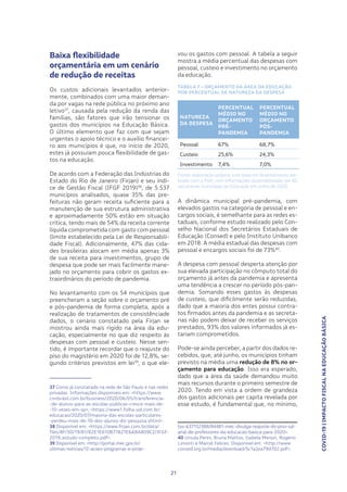COVID-19|IMPACTOFISCALNAEDUCAÇÃOBÁSICA
21
Baixa flexibilidade
orçamentária em um cenário
de redução de receitas
Os custos adicionais levantados anterior-
mente, combinados com uma maior deman-
da por vagas na rede pública no próximo ano
letivo37
, causada pela redução da renda das
famílias, são fatores que irão tensionar os
gastos dos municípios na Educação Básica.
O último elemento que faz com que sejam
urgentes o apoio técnico e o auxílio financei-
ro aos municípios é que, no início de 2020,
estes já possuíam pouca flexibilidade de gas-
tos na educação.
De acordo com a Federação das Indústrias do
Estado do Rio de Janeiro (Firjan) e seu índi-
ce de Gestão Fiscal (IFGF 2019)38
, de 5.537
municípios analisados, quase 35% das pre-
feituras não geram receita suficiente para a
manutenção de sua estrutura administrativa
e aproximadamente 50% estão em situação
crítica, tendo mais de 54% da receita corrente
líquida comprometida com gasto com pessoal
(limite estabelecido pela Lei de Responsabili-
dade Fiscal). Adicionalmente, 47% das cida-
des brasileiras alocam em média apenas 3%
de sua receita para investimentos, grupo de
despesa que pode ser mais facilmente mane-
jado no orçamento para cobrir os gastos ex-
traordinários do período de pandemia.
No levantamento com os 54 municípios que
preencheram a seção sobre o orçamento pré
e pós-pandemia de forma completa, após a
realização de tratamentos de consistênciade
dados, o cenário constatado pela Firjan se
mostrou ainda mais rígido na área da edu-
cação, especialmente no que diz respeito às
despesas com pessoal e custeio. Nesse sen-
tido, é importante recordar que o reajuste do
piso do magistério em 2020 foi de 12,8%, se-
gundo critérios previstos em lei39
, o que ele-
37 Como já constatado na rede de São Paulo e nas redes
privadas. Informações disponíveis em: <https://www.
cnnbrasil.com.br/business/2020/06/05/transferencia-
-de-alunos-para-as-escolas-publicas-cresce-mais-de-
-10-vezes-em-sp>; <https://www1.folha.uol.com.br/
educacao/2020/07/maioria-das-escolas-particulares-
-perdeu-mais-de-10-dos-alunos-diz-pesquisa.shtml>.
38 Disponível em: <https://www.firjan.com.br/data/
files/8F/50/19/81/B2E1E610B71B21E6A8A809C2/IFGF-
2019_estudo-completo.pdf>.
39 Disponível em: <http://portal.mec.gov.br/
ultimas-noticias/12-acoes-programas-e-proje-
NATUREZA
DA DESPESA
PERCENTUAL
MÉDIO NO
ORÇAMENTO
PRÉ-
PANDEMIA
PERCENTUAL
MÉDIO NO
ORÇAMENTO
PÓS-
PANDEMIA
Pessoal 67% 68,7%
Custeio 25,6% 24,3%
Investimento 7,4% 7,0%
Fonte: elaboração própria, com base em levantamento rea-
lizado com a FNP, com informações disponibilizadas por 82
secretarias municipais de Educação em junho de 2020.
TABELA 7 – ORÇAMENTO DA ÁREA DA EDUCAÇÃO
POR PERCENTUAL DE NATUREZA DA DESPESA
vou os gastos com pessoal. A tabela a seguir
mostra a média percentual das despesas com
pessoal, custeio e investimento no orçamento
da educação.
A dinâmica municipal pré-pandemia, com
elevados gastos na categoria de pessoal e en-
cargos sociais, é semelhante para as redes es-
taduais, conforme estudo realizado pelo Con-
selho Nacional dos Secretários Estaduais de
Educação (Consed) e pelo Instituto Unibanco
em 2018. A média estadual das despesas com
pessoal e encargos sociais foi de 73%40
.
A despesa com pessoal desperta atenção por
sua elevada participação no cômputo total do
orçamento já antes da pandemia e apresenta
uma tendência a crescer no período pós-pan-
demia. Somando esses gastos às despesas
de custeio, que dificilmente serão reduzidas,
dado que a maioria dos entes possui contra-
tos firmados antes da pandemia e as secreta-
rias não podem deixar de receber os serviços
prestados, 93% dos valores informados já es-
tariam comprometidos.
Pode-se ainda perceber, a partir dos dados re-
cebidos, que, até junho, os municípios tinham
previsto na média uma redução de 8% no or-
çamento para educação. Isso era esperado,
dado que a área da saúde demandou muito
mais recursos durante o primeiro semestre de
2020. Tendo em vista a ordem de grandeza
dos gastos adicionais per capita revelada por
esse estudo, é fundamental que, no mínimo,
tos-637152388/84481-mec-divulga-reajuste-do-piso-sal-
arial-de-professores-da-educacao-basica-para-2020>.
40 Ursula Peres, Bruna Mattos, Isabela Menon, Rogerio
Limonti e Marcel Felices. Disponível em: <http://www.
consed.org.br/media/download/5c1a2ea79d702.pdf>.
 