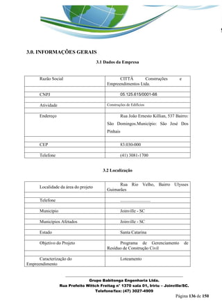 _______________________________________________________________ 
Grupo Babitonga Engenharia Ltda. 
Rua Prefeito Wittch Freitag n° 1370 sala 01, Iririu – Joinville/SC. 
Telefone/fax: (47) 3027-4909 
Página 136 de 150 
3.0. INFORMAÇÕES GERAIS 
3.1 Dados da Empresa 
Razão Social 
CITTÁ Construções e Empreendimentos Ltda. 
CNPJ 
05.125.615/0001-68 
Atividade 
Construções de Edifícios 
Endereço 
Rua João Ernesto Killian, 537 Bairro: São Domingos.Município: São José Dos Pinhais 
CEP 
83.030-000 
Telefone 
(41) 3081-1700 
3.2 Localização 
Localidade da área do projeto 
Rua Rio Velho, Bairro Ulysses Guimarães 
Telefone 
........................... 
Município 
Joinville - SC 
Municípios Afetados 
Joinville - SC 
Estado 
Santa Catarina 
Objetivo do Projeto 
Programa de Gerenciamento de Resíduo de Construção Civil 
Caracterização do Empreendimento 
Loteamento 
 