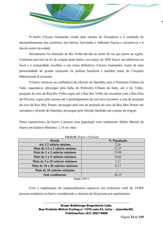 _______________________________________________________________ 
Grupo Babitonga Engenharia Ltda. 
Rua Prefeito Wittch Freitag n° 1370 sala 01, Iririu – Joinville/SC. 
Telefone/fax: (47) 3027-4909 
Página 24 de 150 
O bairro Ulysses Guimarães criado pela câmara de Vereadores e é resultado do desmembramento dos territórios dos bairros Jarivatuba e Adhemar Garcia e encontra-se a 6 km do centro da cidade. 
Inicialmente foi chamado de Rio Velho devido ao nome do rio que passa na região. Conforme previsto na lei de criação deste bairro, em março de 2005 houve um plebiscito no local e a comunidade escolheu o seu nome definitivo: Ulysses Guimarães, nome de uma personalidade de grande expressão na política brasileira e também nome do Conjunto Habitacional lá existente. 
O bairro inicia-se na confluência do ribeirão do Santinho com o Perímetro Urbano da Sede, seguindo-o, prossegue pela linha do Perímetro Urbano da Sede, até o rio Velho, projeção do eixo da Rua Rio Velho segue até a Rua Rio Velho até encontrar com a Rua Elza de Oliveira, segue pela mesma até o prolongamento do seu eixo encontrar a reta de projeção do eixo da Rua Max Pruner, prossegue pela reta de projeção do eixo da Rua Max Pruner até encontrar o ribeirão do Santinho, prossegue pelo ribeirão Santinho até o ponto de origem. 
Outra característica do bairro é possuir uma população com rendimento Médio Mensal do Bairro em Salários Mínimos: 1,14 sm /mês. 
Tabela 05: Renda x População 
Fonte: IPPUJ 
Com a implantação do empreendimento espera-se um acréscimo total de 19.908 pessoas residentes no bairro considerando o máximo de 04 pessoas por apartamento. Renda % População Até 1/2 salário mínimo 2,26 Mais de 1/2 a 1 salário mínimo 13,17 Mais de 1 a 2 salários mínimos 33,09 Mais de 2 a 5 salários mínimos 14,02 Mais de 5 a 10 salários mínimos 1,17 Mais de 10 a 20 salários mínimos 0,13 Mais de 20 salários mínimos - Sem rendimento 36,15  
