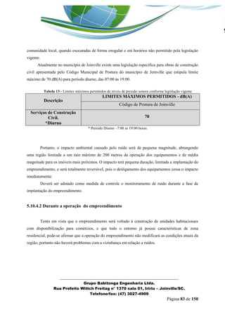 _______________________________________________________________ 
Grupo Babitonga Engenharia Ltda. 
Rua Prefeito Wittch Freitag n° 1370 sala 01, Iririu – Joinville/SC. 
Telefone/fax: (47) 3027-4909 
Página 83 de 150 
comunidade local, quando executadas de forma irregular e em horários não permitido pela legislação vigente. 
Atualmente no município de Joinville existe uma legislação específica para obras de construção civil apresentada pelo Código Municipal de Postura do município de Joinville que estipula límite máximo de 70 dB(A) para período diurno, das 07:00 às 19:00. 
Tabela 13 - Limites máximos permitidos de níveis de pressão sonora conforme legislação vigente Descrição LIMITES MÁXIMOS PERMITIDOS - dB(A) Código de Postura de Joinville Serviços de Construção Civil. *Diurno 70 
* Período Diurno –7:00 as 19:00 horas. 
Portanto, o impacto ambiental causado pelo ruído será de pequena magnitude, abrangendo uma região limitada a um raio máximo de 200 metros da operação dos equipamentos e de média magnitude para os imóveis mais próximos. O impacto terá pequena duração, limitada a implantação do empreendimento, e será totalmente reversível, pois o desligamento dos equipamentos cessa o impacto imediatamente. 
Deverá ser adotado como medida de controle o monitoramento de ruído durante a fase de implantação do empreendimento. 
5.10.4.2 Durante a operação do empreendimento 
Tento em vista que o empreendimento será voltado à construção de unidades habitacionais com disponibilização para comércios, e que todo o entorno já possui características de zona residencial, pode-se afirmar que a operação do empreendimento não modificará as condições atuais da região; portanto não haverá problemas com a vizinhança em relação a ruídos.  