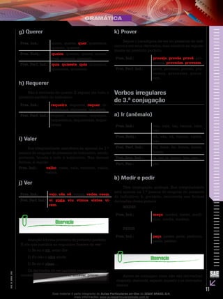 11
EM_V_GRA_009
g) Querer
Pres. Ind.: quero, queres, quer, queremos,
quereis, querem.
Pres. Subj.: queira, queiras, queira, queira-
mos, queirais, queiram.
Pret. Perf. Ind.: quis, quiseste, quis, quisemos,
quisestes, quiseram.
h) Requerer
Não é derivado de querer. É regular em todo o
pretérito perfeito do indicativo.
Pres. Ind.: requeiro, requeres, requer, re-
queremos, requereis, requerem.
Pret. Perf. Ind.: requeri, requereste, requereu,
requeremos, requerestes, reque-
reram.
i) Valer
Sua irregularidade manifesta-se apenas na 1.ª
pessoa do singular do presente do indicativo, sendo,
portanto, levada a todo o subjuntivo. Nas demais
formas, é regular.
Pres. Ind.: 	 valho, vales, vale, valemos, valeis,
valem.
j) Ver
Pres. Ind.: vejo, vês, vê, vemos, vedes, veem.
Pret. Perf. Ind.: vi, viste, viu, vimos, vistes, vi-
ram.
Atenção à forma primitiva do pretérito perfeito.
É ela que justifica as seguintes flexões de ver:
Se eu o1)	 vir, aviso-lhe.
Eu não o2)	 vira ainda.
Se eu o3)	 visse...
Os derivados de ver também seguem o mesmo
modelo de conjugação: rever, antever, prever...
k) Prover
Segue o paradigma de ver no presente do indi-
cativo e em seus derivados, mas constrói-se regular-
mente no pretérito perfeito.
Pres. Ind.: provejo, provês, provê, pro-
vemos, provedes, proveem.
Pret. Perf. Ind.: provi, proveste, proveu, pro-
vemos, provestes, prove-
ram.
Verbos irregulares
de 3.ª conjugação
a) Ir (anômalo)
Pres. Ind.: vou, vais, vai, vamos, ides,
vão.
Pres. Subj.: vá, vás, vá, vamos, vades,
vão.
Pret. Perf. Ind.: fui, foste, foi, fomos, fostes,
foram.
Pret. Imp. Ind.: ia, ias, ia, íamos, íeis, iam.
Part. Pas.: ido.
b) Medir e pedir
Têm conjugação análoga. Sua irregularidade
está apenas na 1.ª pessoa do singular do presente
do indicativo; é, portanto, recorrente nas formas
derivadas dessa pessoa.
MEDIR
Pres. Ind.: meço, medes, mede, medi-
mos, medis, medem.
PEDIR
Pres. Ind.: peço, pedes, pede, pedimos,
pedis, pedem.
Assim se conjugam (mas não são derivados)
despedir, desmedir, expedir, impedir e os derivados
destes.
Esse material é parte integrante do Aulas Particulares on-line do IESDE BRASIL S/A,
mais informações www.aulasparticularesiesde.com.br
 