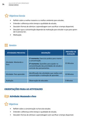 24
AULAS DE ESTUDO ORIENTADO
ENSINO MÉDIO
• Refletir sobre a melhor maneira e o melhor ambiente para estudar;
• Entender a diferença entre tempo e qualidade de estudo;
• Descobrir formas de otimizar a aprendizagem sem sacrificar o tempo disponível;
• Descobrir que a concentração depende da motivação para estudar e que para apren-
der é preciso ter;
• Motivação.
ATIVIDADES PREVISTAS DESCRIÇÃO
PREVISÃO DE
DURAÇÃO
Atividade: Mantendo o
foco.
1º momento: Exercício prático para manter
a concentração.
2º momento: Questões para ajudar na
conscientização das prioridades de estudo e
controle dos pensamentos.
25 Minutos
Atividade: Para aprender.
Identificação das atividades que realiza com
concentração e motivação de aprender.
10 Minutos
Avaliação. Observação do educador. 5 Minutos
ORIENTAÇÕES PARA AS ATIVIDADES
• Refletir sobre a concentração na hora de estudar;
• Entender a diferença entre tempo e qualidade de estudo;
• Descobrir formas de otimizar a aprendizagem sem sacrificar o tempo disponível.
Objetivos Gerais
Roteiro
Atividade: Mantendo o foco
Objetivos
 