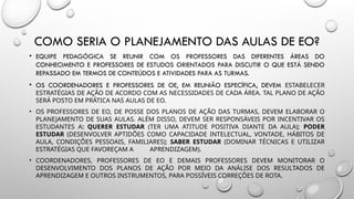 COMO SERIA O PLANEJAMENTO DAS AULAS DE EO?
• EQUIPE PEDAGÓGICA SE REUNIR COM OS PROFESSORES DAS DIFERENTES ÁREAS DO
CONHECIMENTO E PROFESSORES DE ESTUDOS ORIENTADOS PARA DISCUTIR O QUE ESTÁ SENDO
REPASSADO EM TERMOS DE CONTEÚDOS E ATIVIDADES PARA AS TURMAS.
• OS COORDENADORES E PROFESSORES DE OE, EM REUNIÃO ESPECÍFICA, DEVEM ESTABELECER
ESTRATÉGIAS DE AÇÃO DE ACORDO COM AS NECESSIDADES DE CADA ÁREA. TAL PLANO DE AÇÃO
SERÁ POSTO EM PRÁTICA NAS AULAS DE EO.
• OS PROFESSORES DE EO, DE POSSE DOS PLANOS DE AÇÃO DAS TURMAS, DEVEM ELABORAR O
PLANEJAMENTO DE SUAS AULAS. ALÉM DISSO, DEVEM SER RESPONSÁVEIS POR INCENTIVAR OS
ESTUDANTES A: QUERER ESTUDAR (TER UMA ATITUDE POSITIVA DIANTE DA AULA); PODER
ESTUDAR (DESENVOLVER APTIDÕES COMO CAPACIDADE INTELECTUAL, VONTADE, HÁBITOS DE
AULA, CONDIÇÕES PESSOAIS, FAMILIARES); SABER ESTUDAR (DOMINAR TÉCNICAS E UTILIZAR
ESTRATÉGIAS QUE FAVOREÇAM A APRENDIZAGEM).
• COORDENADORES, PROFESSORES DE EO E DEMAIS PROFESSORES DEVEM MONITORAR O
DESENVOLVIMENTO DOS PLANOS DE AÇÃO POR MEIO DA ANÁLISE DOS RESULTADOS DE
APRENDIZAGEM E OUTROS INSTRUMENTOS, PARA POSSÍVEIS CORREÇÕES DE ROTA.
 