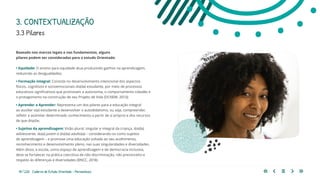 10 | 220 Caderno de Estudo Orientado - Pernambuco
Baseado nos marcos legais e nos fundamentos, alguns
pilares podem ser considerados para o estudo Orientado:
• Equidade: O ensino para equidade atua produzindo ganhos na aprendizagem,
reduzindo as desigualdades;
• Formação integral: Consiste no desenvolvimento intencional dos aspectos
físicos, cognitivos e socioemocionais do(da) estudante, por meio de processos
educativos significativos que promovam a autonomia, o comportamento cidadão e
o protagonismo na construção de seu Projeto de Vida (DCNEM, 2013);
• Aprender a Aprender: Representa um dos pilares para a educação integral
ao auxiliar o(a) estudante a desenvolver o autodidatismo, ou seja, compreender,
refletir e assimilar determinado conhecimento a partir de si próprio e dos recursos
de que dispõe;
• Sujeitos da aprendizagem: Visão plural, singular e integral da criança, do(da)
adolescente, do(a) jovem e do(da) adulto(a) – considerando-os como sujeitos
de aprendizagem – e promove uma educação voltada ao seu acolhimento,
reconhecimento e desenvolvimento pleno, nas suas singularidades e diversidades.
Além disso, a escola, como espaço de aprendizagem e de democracia inclusiva,
deve se fortalecer na prática coercitiva de não discriminação, não preconceito e
respeito às diferenças e diversidades (BNCC, 2018).
3.3 Pilares
3. CONTEXTUALIZAÇÃO
 