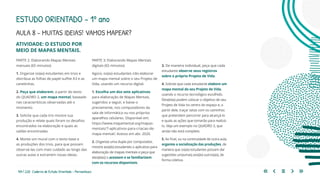 104 | 220 Caderno de Estudo Orientado - Pernambuco
ATIVIDADE: O ESTUDO POR
MEIO DE MAPAS MENTAIS.
PARTE 2: Elaborando Mapas Mentais
manuais (65 minutos)
1. Organize os(as) estudantes em trios e
distribua as folhas de papel sulfite A3 e as
canetinhas.
2. Peça que elaborem, a partir do texto
do QUADRO 2, um mapa mental, baseado
nas características observadas até o
momento.
3. Solicite que cada trio mostre sua
produção e relate quais foram os desafios
encontrados na elaboração e quais as
saídas encontradas.
4. Monte um mural com o texto base e
as produções dos trios, para que possam
observá-las com mais cuidado ao longo das
outras aulas e extraírem novas ideias.
PARTE 3: Elaborando Mapas Mentais
digitais (65 minutos)
Agora, os(as) estudantes irão elaborar
um mapa mental sobre o seu Projeto de
Vida, usando um recurso digital.
1. Escolha um dos sete aplicativos
para elaboração de Mapas Mentais,
sugeridos a seguir, e baixe-o
previamente, nos computadores da
sala de informática ou nos próprios
aparelhos celulares. Disponível em: 	
https://www.mapamental.org/mapas-
mentais/7-aplicativos-para-criacao-de-
mapa-mental/. Acesso em abr. 2020.
2. Organize uma dupla por computador,
mostre aos(às) estudantes o aplicativo para
elaboração de mapas mentais e peça que
eles(elas) o acessem e se familiarizem
com os recursos disponíveis.
3. De maneira individual, peça que cada
estudante observe seus registros
sobre o próprio Projeto de Vida.
4. Solicite que cada estudante elabore um
mapa mental do seu Projeto de Vida,
usando o recurso tecnológico escolhido.
Eles(elas) podem colocar o objetivo de seu
Projeto de Vida no centro do espaço e, a
partir dele, traçar setas com os caminhos
que pretendem percorrer para alcançá-lo
e quais as ações que tomarão para realizá-
lo. Veja um exemplo no QUADRO 3, que
ainda não está completo.
5. Ao final, ou na continuidade de outra aula,
organize a socialização das produções, de
maneira que os(as) estudantes possam dar
sugestões uns(umas) aos(às) outros(as), de
forma coletiva.
ESTUDO ORIENTADO – 1º ano
AULA 8 – MUITAS IDEIAS! VAMOS MAPEAR?
 