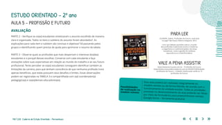 148 | 220 Caderno de Estudo Orientado - Pernambuco
AVALIAÇÃO
PARTE 2 – Verifique se os(as) estudantes sintetizaram o assunto escolhido de maneira
clara e organizada. Todos os itens e subitens do assunto foram abordados? As
explicações para cada item e subitem são concisas e objetivas? Vá passando pelos
grupos e identificando quem precisa de ajuda para aprimorar o resumo da tabela.
PARTE 3 – Observe quais as profissões que mais despertam o interesse dos(das)
estudantes e o porquê dessas escolhas. Converse com cada estudante e faça
anotações sobre suas expectativas em relação ao mundo do trabalho e ao seu futuro
profissional. Tente perceber se os(as) estudantes conseguem identificar também as
limitações da carreira, para que tenham consciência de que nenhuma profissão trará
apenas benefícios, que todas possuem seus desafios e limites. Essas observações
podem ser registradas na TABELA 3 e compartilhada com o(a) coordenador(a)
pedagógico(a) e os(as)demais educadores(as).
Essa aula poderá ser realizada integralmente no
modelo remoto ou de forma híbrida, de acordo com o
funcionamento da unidade escolar. Todas as atividades
previstas no desenvolvimento da aula poderão ser feitas
por meio de formulários para preenchimento remoto.
(Google forms – ferramenta gratuita)
Possibilidades
de realização no
modelo remoto
ESTUDO ORIENTADO – 2º ano
AULA 5 – PROFISSÃO E FUTURO
PARA LER
VALE A PENA ASSISTIR
OLIVEIRA, Sidnei. Profissões do futuro, você está
no jogo? São Paulo: Editora Integrare, 2012.
Livro que debate questões sobre o mundo
das profissões tradicionais (como a medicina,
a engenharia e a administração) e de áreas
inovadoras, como a gestão de resíduos,
aquicultura ou a bioinformática.
https//www.tecmundo.com.br - Profissões do futuro.
https//www.consumidormoderno.com.br/2020/01/09/linkedin-
profissoes-do-futuro – Linkedin revela quais serão as 15
profissões do futuro.
 