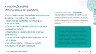 16 | 220 Caderno de Estudo Orientado - Pernambuco
Reconhecer a importância do desenvolvimento
de hábitos e de rotinas de estudo;
Identificar os elementos essenciais para
o ato de estudar;
Compreender a diferença entre intensidade e
qualidade de estudo;
Desenvolver a capacidade de se organizar
para estudar;
Compreender e aplicar técnicas de estudo na
rotina diária;
Consolidar hábitos e rotinas de estudo
individuais, em grupos e coletivas.
4.1 Objetivos das aulas para os estudantes
4. ORIENTAÇÕES GERAIS
Apesar de os objetos de conhecimento apresentados
neste material estarem organizados em aulas, eles não
precisam ser seguidos pelo(a) educador(a) com o mesmo
rigor cronológico, pois foram formulados pensando na
necessidade de cada estudante, assim, o(a) educador(a)
pode escolher as aulas em ordens diversas, aqui está apenas
uma sugestão. Além disso, as atividades podem extrapolar
o tempo previsto, podendo ser reduzidas, divididas em
mais aulas ou ampliadas. A duração de cada atividade é
apenas um parâmetro para orientação e planejamento. O(a)
educador(a) pode e deve ir além desse material, modificá-lo
de acordo com suas necessidades, ampliá-lo, usá-lo como
inspiração para criar novos conteúdos e propostas.
A estrutura das aulas de EO segue a auto-organização,
automonitoração e autorregulação da aprendizagem. Por auto-
organização, entende-se saber organizar seu tempo, seus espaços
(inclusive local de estudos, armários, prateleiras etc.), seu material,
sua agenda, desenvolver hábitos de estudo, de pesquisa e de registro
da informação. Automonitoração é a possibilidade de o(a) estudante
desenvolver novas técnicas que possibilitem avaliar seu próprio
desempenho.
 