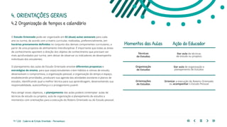 17 | 220 Caderno de Estudo Orientado - Pernambuco
O Estudo Orientado pode ser organizado em 02 (duas) aulas semanais para cada
ano ou turma, de acordo com a matriz curricular, realizadas, preferencialmente, em
horários previamente definidos no conjunto dos demais componentes curriculares, a
partir de uma proposta de alinhamento interdisciplinar. É importante que todas as áreas
de conhecimento apontem a direção dos objetos de conhecimento que precisam ser
mais aprofundados por turma, sem deixar de observar os indicadores de desempenho
individuais dos estudantes.
O planejamento das aulas de Estudo Orientado envolve diferentes propostas e
estratégias de ensino, para que os(as) estudantes criem hábitos e rotinas de estudo,
desenvolvam o compromisso, a organização pessoal, a organização do tempo e espaço,
estabelecendo prioridades, produzam sua agenda das atividades escolares e planos de
estudos, identificando qual a melhor técnica para sua aprendizagem, desenvolvendo sua
responsabilidade, autoconfiança e o protagonismo juvenil.
Para atingir esses objetivos, o planejamento das aulas poderá contemplar: aulas de
técnicas de estudo ou projetos, aula de organização e planejamento de estudos e
momentos com orientações para a execução do Roteiro Orientado ou do Estudo pessoal.
4.2 Organização de tempos e calendário
Momentos das Aulas Ação do Educador
4. ORIENTAÇÕES GERAIS
Técnicas
de Estudos
Dar aula de técnicas
de estudo ou projetos
Dar aula de organização e
planejamento de Estudos
Orientar a execução do Roteiro Orientado
ou acompanhar o Estudo Pessoal
Organização
de Estudos
Orientações
de Estudos
 