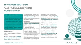 184 | 220 Caderno de Estudo Orientado - Pernambuco
AULA 3 – TRABALHANDO COM PROJETOS!
ESTUDO ORIENTADO – 3º ano
ATIVIDADE: FICHAMENTO
servir de base para que ideias de Projetos
Interdisciplinares possam surgir baseadas
em questões do cotidiano. É importante
pensar em temas relacionados às pessoas
com deficiência também.
Alguns exemplos:
QUADRO 1: Alguns direitos humanos
• Direito ao lazer;
• Direito à diversidade de 	
pensamento e de crença;
• Direito à moradia, educação e saúde;
• Direito ao trabalho;
• Direito de participar livremente
da vida cultural da comunidade.
Outros direitos podem ser consultados e
completados na projeção do QUADRO 2 em:
http://www.dhnet.org.br/direitos/deconu/
textos/integra.htm. Acesso em junho 2020.
Basear-se nos Direitos Humanos para a
escolha do tema do Projeto é interessante
pois garante uma temática ligada à formação
da cidadania e estimula o desenvolvimento
da corresponsabilidade pela sociedade, por
parte do(da) estudante.
PARTE 2 - Nossa realidade (10 minutos)
1. Peça que os(as) estudantes pensem
em algumas questões da sua realidade,
que envolvam cidadania, que gostariam de
estudar nos Projetos ou até propor uma
solução para amenizar a situação.
2. Solicite que observem, até a
próxima aula, questões presentes na
comunidade onde moram ou outras
ideias de estudo, para que possam ser
discutidas no próximo momento de OE
COMPETÊNCIA GERAL DA BNCC
1 – Conhecimento
Valorizar e utilizar os conhecimentos sobre
o mundo físico, social, cultural e digital.
2 – Pensamento científico, crítico e criativo
Exercitar a curiosidade intelectual e utilizar
as ciências com criticidade e criatividade.
9 - Empatia e Cooperação
Exercitar a empatia, o diálogo, a resolução
de conflitos e a cooperação.
DESENVOLVIMENTO
PARTE 1 - Alguns temas gerais de Projetos (10
minutos)
1. Explique aos(às) estudantes que os temas
gerais podem ser escolhidos a partir dos
Direitos Humanos. Esses direitos podem
Clique para baixar o
conteúdo da página
 