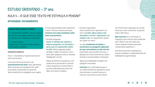 192 | 220 Caderno de Estudo Orientado - Pernambuco
AULA 4 – O QUE ESSE TEXTO ME ESTIMULA A PENSAR?
ESTUDO ORIENTADO – 3º ano
ATIVIDADE: FICHAMENTO
1. Como o(a) estudante pode “questionar
o texto”? Há duas maneiras principais.
Converse com os(as) estudantes sobre
essas características:
• Formular perguntas
Anotar as dúvidas que surgirem e
elaborar perguntas, em uma folha à
parte, para se compreender melhor
um fato. Várias perguntas podem
ser feitas. A ideia é “conversar” com o
texto, fazer perguntas como se estivesse
“dialogando” com ele.
Depois de elaborar as perguntas, uma
maneira de se aprofundar no assunto
é fazer pesquisas em outras fontes e
escrever explicações para cada uma
delas, de maneira completa.
• Formular argumentos
Outra maneira de se “questionar” um
texto é escolher alguns tópicos nele
abordados e escrever “argumentos” em
relação a eles. Os “argumentos” podem
ser a favor ou contra.
Ou seja, escolhemos um tópico e
escrevemos um parágrafo explicando
por que concordamos ou não com ele,
justificando nossa escolha. Para isso, a
pesquisa em outras fontes (livros, textos,
internet e outros) também é necessária.
Algumas possibilidades de registro do
parágrafo comentado:
Concordo com a afirmação de que “o
uso indiscriminado dos agrotóxicos causa
enormes danos à saúde humana e à
natureza”, pois estima-se que o Brasil
COMPETÊNCIA GERAL DA BNCC
2 – Pensamento científico, crítico e criativo
Exercitar a curiosidade intelectual e utilizar
as ciências com criticidade e criatividade.
7 – Argumentação
Argumentar com base em fatos, dados e
informações confiáveis.
use 19% de todo o agrotóxico do mundo,
sendo seu maior consumidor no planeta
inteiro. Além disso,...
Não concordo com a afirmação: “A
imigração trouxe mão de obra qualificada
para o Brasil”, pois nem todos que
vieram naquele momento possuíam
conhecimento específico e...
Esta técnica permite a ampliação do
assunto estudado e o desenvolvimento da
habilidade de argumentação.
DESENVOLVIMENTO
Parte 1: Entendendo o “Questionamento de
texto” (20 minutos)
Uma outra técnica de estudo é a do
questionamento de texto. Nela, o(a) leitor(a)
deve concentrar-se na pergunta “Por quê?”,
procurando compreender as causas de
determinado fato e investigando suas origens.
 