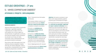 203 | 220 Caderno de Estudo Orientado - Pernambuco
5 - VAMOS COMPARTILHAR SABERES?
ESTUDO ORIENTADO – 3º ano
ATIVIDADE 2: PROJETO - REPLANEJANDO
Parte 1: Tratamento das informações
(30 minutos)
1. De maneira coletiva, converse com
os(as) estudantes para que relatem
como foi a coleta de informações, quais
os desafios e soluções encontrados.
2. Auxilie-os a estabelecerem
as primeiras relações entre as
informações obtidas.
3. Promova um debate das ideias
trazidas e um planejamento coletivo
das próximas ações. Escreva na lousa
cada ação necessária à obtenção das
respostas e como os(as) estudantes
pensam em buscar tais informações.
Parte 2: Replanejamento (30 minutos)
1. O(a) educador(a) pode colocar novos
questionamentos e retomar os
objetivos, de maneira a esclarecer o que
falta e como os(as) estudantes poderão
caminhar para o fechamento do Projeto.
2. É importante lembrar aos(às) estudantes
que tudo deve ser guardado, registrado
na “pasta” coletiva e individual, até os
relatórios do que foi discutido e feito nas
aulas de EO. É uma forma de registro do
percurso da pesquisa e servirá não somente
como memória do processo todo, mas
como apoio para se realizar a atividade de
metacognição, em que os(as) estudantes
relembrarão os porquês de cada etapa.
3. Novamente, auxilie os(as) estudantes a
planejarem o que ainda precisam fazer
para atingir os objetivos, responderem
as questões e, se possível, intervirem na
realidade. É o momento de redividir as
tarefas e estabelecer um novo prazo para
reunir as informações.
COMPETÊNCIA GERAL DA BNCC
2 – Pensamento científico, crítico e criativo
Exercitar a curiosidade intelectual e utilizar
as ciências com criticidade e criatividade.
DESENVOLVIMENTO
Segundo Ulisses Araújo (2003), compreender
é apreender o significado. Aprender
o significado de um objeto é vê-lo em
suas relações com os outros objetos ou
acontecimentos. Os significados constituem,
pois, feixes de relações e estas, entretecem-
se, articulam-se em teias, em redes,
construídas social e individualmente e em
permanente estado de atualização.
Dessa forma, obter informações não é mais
suficiente, é preciso estabelecer relações
entre elas, de maneira adequada, criativa e
que permita a compreensão do que se está
estudando, pesquisando e analisando.
 