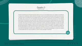 210 | 220 Caderno de Estudo Orientado - Pernambuco
Quadro 3
Resenha do vídeo
O vídeo foi publicado em 24 de julho de 2014, pelo Jornal Futura. A introdução indica que o objetivo é estabelecer
a relação entre mobilidade urbana e direito à moradia. Dados da Secretaria Municipal de São Paulo são citados
e apontam para a entrega de 55 mil moradias até 2016, o que poderia trazer ainda mais problemas à situação
da cidade, que contava com um crescimento populacional, sem o investimento em estruturas de maneira
proporcional. Interessante notar que o vídeo traz o depoimento de pessoas de variados segmentos, que relatam
informações ou experiências sobre o assunto, demonstrando a preocupação do vídeo em ouvir as diversas vozes
envolvidas. São pessoas de diversos setores: especialista no tema, secretária de habitação, morador da cidade
e membro de conselho regional. O vídeo traz discussões sobre a distância do trabalho em relação à moradia, o
tipo de deslocamento e a diferença de estrutura urbana entre o centro e a periferia. A alteração do artigo 6 da
Constituição também é citado, pois foi um marco para a temática, incluindo a moradia como um direito. Por fim,
a secretária de habitação comenta sobre a diferença entre o crescimento da população e a oferta de trabalho
e a necessidade de se ter mais moradias no centro e mais empregos na periferia.
 