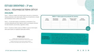 211 | 220 Caderno de Estudo Orientado - Pernambuco
AVALIAÇÃO
Parte 1 – Observe e registre, de maneira geral, quais são os comentários
dos(as) estudantes e suas observações. Observe, principalmente, a relação
que estabelecem entre o vídeo e sua resenha.
Parte 2 – Circule pelas duplas e vá anotando os comentários. É um
momento adequado para fazer registros sobre a participação individual
de cada estudante, suas dúvidas, sugestões e ideias.
Parte 3 – Durante os relatos, anote, na TABELA 1, quais as observações
feitas pelas duplas e as sugestões dadas pelos demais.
ESTUDO ORIENTADO – 3º ano
AULA 6 – RESUMINDO DE FORMA CRÍTICA!
TABELA 1: Observações das produções de resenhas
Nome
da dupla
Dificuldades
enfrentadas
Pontos
positivos
Pontos a serem
melhorados
Outras
observações
Essa aula poderá ser realizada integralmente no modelo remoto ou de
forma híbrida, de acordo com o funcionamento da unidade escolar. Se for
remota, sugere-se que as propostas coletivas sejam realizadas em salas
como as do Google meet, com links enviados previamente para cada grupo
e as socializações e discussões gerais em uma sala virtual única. A produção
em grupo da resenha crítica do vídeo (parte 2) poderá ser realizada em um
padlet, para socialização posterior na sala com todo o grupo.
Possibilidades
de realização no
modelo remoto
PARA LER
NORMAS ABNT PARA RESENHAS. Disponível em:
https://www.normasabnt.net/resenha-abnt/. Acesso em junho 2020.
AQUINO, Italo de Souza. Como Escrever Artigos Científicos -
Sem Arrodeio e Sem Medo da Abnt. São Paulo: Saraiva, 7ª Ed., 2010.
 
