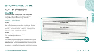 47 | 220 Caderno de Estudo Orientado - Pernambuco
AVALIAÇÃO
Para cada parte da aula, é possível fazer observações
específicas e registros que serão fundamentais para
acompanharcada estudante ao longo das aulas.
ATIVIDADE 1 – ESTUDO E VIDA
PARTE 1
Após o registro coletivo na lousa, registre, na tabela a seguir, as três
ideias mais citadas pelos(as) estudantes. Outra opção, seguindo
a utilização de ferramentas de interatividade mobile para essa
atividade, é utilizar, por exemplo, o Edupulses, contemplando o
desenvolvimento da competência 5 da BNCC.
PARTE 2
Após a elaboração do mural, tire uma foto
como forma de registro e consulta.
PARTE 3
Observe qual relação os(as) estudantes estabelecem entre estudo,
futuro profissional e suas vidas. Anote as possíveis inconsistências
de argumentação, as expectativas e as dúvidas dos(as) estudantes.
Isso pode servir de base para propor discussões futuras. Tente
perceber qual o nível de relação que fazem entre sonho e realidade.
ESTUDO ORIENTADO – 1º ano
AULA 1 – EU E OS ESTUDOS
 
