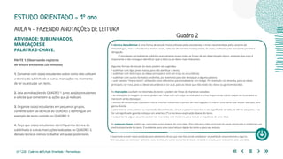 67 | 220 Caderno de Estudo Orientado - Pernambuco
ATIVIDADE: SUBLINHADOS,
MARCAÇÕES E
PALAVRAS-CHAVE.
PARTE 1: Observando registros
de leitura em textos (50 minutos)
1. Converse com os(as) estudantes sobre como eles utilizam
a técnica do sublinhado e outras marcações no momento
de ler ou estudar um texto.
2. Leia as indicações do QUADRO 1 junto aos(às) estudantes
e solicite que comentem as ações que já realizam.
3. Organize os(as) estudantes em pequenos grupos,
comente sobre as técnicas do QUADRO 2 e entregue um
exemplo de texto contido no QUADRO 3.
4. Peça que os(as) estudantes identifiquem a técnica do
sublinhado e outras marcações realizadas no QUADRO 3.
demais técnicas iremos trabalhar em aulas posteriores.
Quadro 2
A técnica de sublinhar é uma forma de estudo muito utilizada pelos estudantes e muito recomendada pelos autores de
metodologias, mas é uma técnica, muitas vezes, utilizada de maneira inadequada e, às vezes, realizada pelo estudante por mera
obrigação.
O estudante normalmente sublinha praticamente quase todas as frases de um determinado tópico, achando que tudo é
importante e não consegue identificar qual a ideia ou as ideias mais relevantes.
Algumas formas de estudo do texto podem ser sugeridas:
• sublinhar com lápis preto macio, para não danificar o texto;
• sublinhar com dois traços as ideias principais e com um traço as secundárias;
• sublinhar com outros formatos (ondinhas, por exemplo) para dar destaque a alguma palavra.
• usar canetas “marca-texto”, utilizando cores diferentes para estabelecer um código. Por exemplo: cor amarela, para as ideias
principais; cor rosa, para as ideias secundárias e cor azul, para as ideias que não estão tão claras ou geraram dúvidas.
	
As marcações auxiliam na retomada do texto e podem ser feitas de maneiras variadas:
• as anotações à margem do texto podem ser feitas com um traço vertical para trechos importantes e dois traços verticais para os
merecem ainda destaque.
• pontos de exclamação (!) podem indicar trechos relevantes e pontos de interrogação (?) indicar uma parte que requer atenção, pois
gerou dúvida.
• para marcar uma palavra ou expressão desconhecida, circule a palavra e escreva o seu significado ao lado, se ele for pequeno, e se
for um significado grande, coloque um asterisco (*) e escreva a explicação abaixo do texto.
• subpartes de algum assunto podem ser marcadas com números para indicar a sequência de uma ideia.
As palavras chave podem ser colocadas como síntese de uma ideia. Elas indicam a ideia principal da parte destacada e sintetizam um
trecho importante do texto. É excelente para uma nova leitura rápida do texto e para seu estudo.
É importante orientar os(as) estudantes para adotarem a técnica que mais lhes convier, estabelecer um padrão de comportamento e segui-lo.
Para isso, peça que continuem aplicando essas técnicas, em outros momentos de estudo na escola e na aula, para vivenciarem cada uma delas.
ESTUDO ORIENTADO – 1º ano
AULA 4 – FAZENDO ANOTAÇÕES DE LEITURA
 