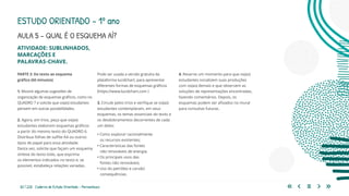 82 | 220 Caderno de Estudo Orientado - Pernambuco
ATIVIDADE: SUBLINHADOS,
MARCAÇÕES E
PALAVRAS-CHAVE.
PARTE 3: Do texto ao esquema
gráfico (60 minutos)
1. Mostre algumas sugestões de
organização de esquemas gráficos, como no
QUADRO 7 e solicite que os(as) estudantes
pensem em outras possibilidades.
2. Agora, em trios, peça que os(as)
estudantes elaborem esquemas gráficos
a partir do mesmo texto do QUADRO 6.
Distribua folhas de sulfite A4 ou outros
tipos de papel para essa atividade.
Desta vez, solicite que façam um esquema
síntese do texto todo, que exprima
os elementos indicados no texto e, se
possível, estabeleça relações variadas.
Pode ser usada a versão gratuita da
plataforma lucidchart, para apresentar
diferentes formas de esquemas gráficos
(https://www.lucidchart.com )
3. Circule pelos trios e verifique se os(as)
estudantes contemplaram, em seus
esquemas, os temas essenciais do texto e
os desdobramentos decorrentes de cada
um deles:
• Como explorar racionalmente 			
os recursos existentes;
• Características das fontes 			
não renováveis de energia;
• Os principais usos das 			
fontes não renováveis;
• Uso do petróleo e carvão:
consequências.
4. Reserve um momento para que os(as)
estudantes socializem suas produções
com os(as) demais e que observem as
soluções de representações encontradas,
fazendo comentários. Depois, os
esquemas podem ser afixados no mural
para consultas futuras.
ESTUDO ORIENTADO – 1º ano
AULA 5 – QUAL É O ESQUEMA AÍ?
 