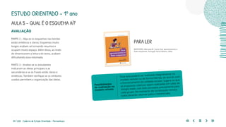 84 | 220 Caderno de Estudo Orientado - Pernambuco
AVALIAÇÃO
PARTE 2 – Veja se os esquemas nas bordas
estão sintéticos e claros. Esquemas muito
longos acabam se tornando resumos e
ocupam muito espaço. Além disso, ao invés
de dinamizarem a leitura do texto, acabam
dificultando essa retomada.
PARTE 3 - Analise se os estudantes
indicaram as ideias principais e as
secundárias e se as frases estão claras e
sintéticas. Também verifique se os símbolos
usados permitem a organização das ideias.
Essa aula poderá ser realizada integralmente no
modelo remoto ou de forma híbrida, de acordo com
o funcionamento da unidade escolar. Sugere-se que
as propostas coletivas sejam realizadas em salas do
Google meet, com links enviados previamente para
cada grupo. No momento de socialização remota
todos deverão retornar para a mesma sala.
Possibilidades
de realização no
modelo remoto
PARA LER
MONTEIRO, Manuela M. Como tirar apontamentos e
fazer esquemas. Portugal: Porto Editora, 2009.
ESTUDO ORIENTADO – 1º ano
AULA 5 – QUAL É O ESQUEMA AÍ?
 