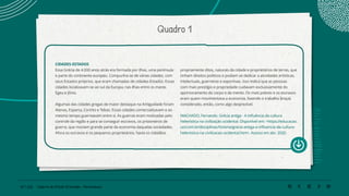 87 | 220 Caderno de Estudo Orientado - Pernambuco
Quadro 1
CIDADES-ESTADOS
Essa Grécia de 4.000 anos atrás era formada por ilhas, uma península
e parte do continente europeu. Compunha-se de várias cidades, com
seus Estados próprios, que eram chamadas de cidades-Estados. Essas
cidades localizavam-se ao sul da Europa, nas ilhas entre os mares
Egeu e Jônio.
Algumas das cidades gregas de maior destaque na Antiguidade foram
Atenas, Esparta, Corinto e Tebas. Essas cidades comercializavam e ao
mesmo tempo guerreavam entre si. As guerras eram motivadas pelo
controle da região e para se conseguir escravos, os prisioneiros de
guerra, que moviam grande parte da economia daquelas sociedades.
Afora os escravos e os pequenos proprietários, havia os cidadãos
propriamente ditos, naturais da cidade e proprietários de terras, que
tinham direitos políticos e podiam se dedicar a atividades artísticas,
intelectuais, guerreiras e esportivas. Isso indica que as pessoas
com mais prestígio e propriedade cuidavam exclusivamente do
aprimoramento do corpo e da mente. Os mais pobres e os escravos
eram quem movimentava a economia, fazendo o trabalho braçal,
considerado, então, como algo desprezível.
MACHADO, Fernando. Grécia antiga - A influência da cultura
helenística na civilização ocidental. Disponível em: <https://educacao.
uol.com.br/disciplinas/historia/grecia-antiga-a-influencia-da-cultura-
helenistica-na-civilizacao-ocidental.htm>. Acesso em abr. 2020.
 