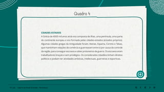 91 | 220 Caderno de Estudo Orientado - Pernambuco
Quadro 4
CIDADES-ESTADOS
A Grécia de 4000 mil anos atrás era composta de ilhas, uma península, uma parte
do continente europeu e era formada pelas cidades-estados (estados próprios).
Algumas cidades gregas da Antiguidade foram: Atenas. Esparta, Corinto e Tebas,
que mantinham relações de comércio e guerreavam entre si por causa do controle
da região, para conseguir escravos e obter prisioneiros de guerra. Os escravos eram
trabalhadores braçais e sem privilégios. Os considerados cidadãos tinham direitos
políticos e podiam ter atividades artísticas, intelectuais, guerreiras e esportivas.
 