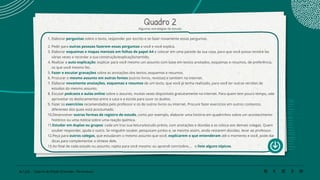 96 | 220 Caderno de Estudo Orientado - Pernambuco
Quadro 2
1. Elaborar perguntas sobre o texto, responder por escrito e se fazer novamente essas perguntas.
2.	Pedir para outras pessoas fazerem essas perguntas a você e você explica.
3.	Elaborar esquemas e mapas mentais em folhas de papel A4 e colocar em uma parede da sua casa, para que você possa revisitá-las
várias vezes e recordar a sua construção/explicação/sentido.
4.	Realizar a auto explicação: explicar para você mesmo um assunto com base em textos anotados, esquemas e resumos, de preferência,
os que você mesmo fez.
5.	Fazer e escutar gravações sobre as anotações dos textos, esquemas e resumos.
6.	Procurar o mesmo assunto em outras fontes (outros livros, revistas) e também na internet.
7.	Elaborar novamente anotações, esquemas e resumos de um texto, que você já tenha realizado, para você ter outras versões de
estudos do mesmo assunto.
8.	Escutar podcasts e aulas online sobre o assunto, muitas vezes disponíveis gratuitamente na internet. Para quem tem pouco tempo, vale
aproveitar os deslocamentos entre a casa e a escola para ouvir os áudios.
9.	Fazer os exercícios recomendados pelo professor e os de outros livros ou internet. Procure fazer exercícios em outros contextos,
diferentes dos quais está acostumado.
10.Desenvolver outras formas de registro de estudo, como por exemplo, elaborar uma história em quadrinhos sobre um acontecimento
histórico ou uma notícia sobre uma reação química.
11.Estudar em duplas ou grupos: cada um traz sua leitura/estudo prévio, com anotações e dúvidas e as coloca aos demais colegas. Quem
souber responder, ajuda o outro. Se ninguém souber, pesquisam juntos e, se mesmo assim, ainda restarem dúvidas, levar ao professor.
12.Peça para outros colegas, que estudaram o mesmo assunto que você, explicarem o que entenderam até o momento e você, pode dar
dicas para complementar a síntese dele.
13.Ao final de cada estudo ou assunto, repita para você mesmo: eu aprendi com/sobre.... e liste alguns tópicos.
Algumas estratégias de estudo
 