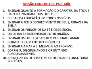 MISSÃO CONJUNTA DE PAI E MÃE
1. ENSINAR QUANTO A FORMAÇÃO DO CARÁTER, DA ÉTICA E
    DA PERSONALIDADE DOS FILHOS.
2. CUIDAR DA EDUCAÇÃO EM TODOS OS NÍVEIS.
3. ENSINAR A TER O CONHECIMENTO DE DEUS, ATRAVÉS DA
    BÍBLIA.
4. ENSINAR OS PRINCÍPIOS DA FÉ E OBEDIÊNCIA.
5. ORIENTAR A FRATERNIDADE ENTRE IRMÃOS.
6. ENSINAR OS FILHOS A SABEREM PERDOAR E AMAR.
7. GUIAR A TER UM FUTURO PRÓSPERO.
8. ENSINAR A AMAR A SI MESMO E AO PRÓXIMO.
9. CORRIGIR, DISCIPLINANDO E ORIENTANDO
    ADEQUADAMENTE.
10. ABENÇOAR OS FILHOS COMO AUTORIDADE CONSTITUIDA
    POR DEUS.
 