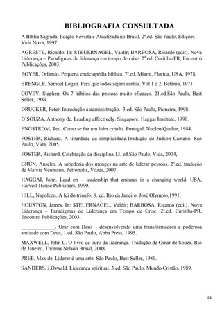 24
BIBLIOGRAFIA CONSULTADA
A Bíblia Sagrada. Edição Revista e Atualizada no Brasil. 2ª.ed. São Paulo, Edições
Vida Nova, 1997.
AGRESTE, Ricardo. In: STEUERNAGEL, Valdir; BARBOSA, Ricardo (edit). Nova
Liderança – Paradigmas de liderança em tempo de crise. 2a
.ed. Curitiba-PR, Encontro
Publicações, 2003.
BOYER, Orlando. Pequena enciclopédia bíblica. 7ª.ed. Miami, Florida, USA, 1978.
BRENGLE, Samuel Logan. Para que todos sejam santos. Vol 1 e 2, Betânia, 1971.
COVEY, Stephen. Os 7 hábitos das pessoas muito eficazes. 21.ed.São Paulo, Best
Seller, 1989.
DRUCKER, Peter. Introdução à administração. 3.ed. São Paulo, Pioneira, 1998.
D’SOUZA, Anthony de. Leading effectively. Singapore. Haggai Institute, 1990.
ENGSTROM, Ted. Como se faz um líder cristão. Portugal. Nucleo/Queluz, 1984.
FOSTER, Richard. A liberdade da simplicidade.Tradução de Judson Caetano. São
Paulo, Vida, 2005.
FOSTER, Richard. Celebração da disciplina.13. ed.São Paulo, Vida, 2004,
GRÜN, Anselm. A sabedoria dos monges na arte de liderar pessoas. 2a
.ed. tradução
de Márcia Neumann, Petrópolis, Vozes, 2007.
HAGGAI, John. Lead on – leadership that endures in a changing world. USA,
Harvest House Publishers, 1990.
HILL, Napoleon. A lei do triunfo. 8. ed. Rio da Janeiro, José Olympio,1991.
HOUSTON, James. In: STEUERNAGEL, Valdir; BARBOSA, Ricardo (edit). Nova
Liderança – Paradigmas de Liderança em Tempo de Crise. 2a
.ed. Curitiba-PR,
Encontro Publicações, 2003.
_____________. Orar com Deus – desenvolvendo uma transformadora e poderosa
amizade com Deus, 1.ed. São Paulo, Abba Press, 1995.
MAXWELL, John C. O livro de ouro da liderança. Tradução de Omar de Souza. Rio
de Janeiro, Thomas Nelson Brasil, 2008.
PREE, Max de. Liderar é uma arte. São Paulo, Best Seller, 1989.
SANDERS, J.Oswald. Liderança spiritual. 3.ed. São Paulo, Mundo Cristão, 1989.
 