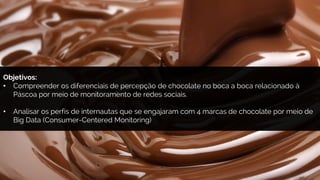 Objetivos:
• Compreender os diferenciais de percepção de chocolate no boca a boca relacionado à
Páscoa por meio de monitoramento de redes sociais.
• Analisar os perfis de internautas que se engajaram com 4 marcas de chocolate por meio de
Big Data (Consumer-Centered Monitoring)
 