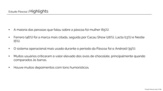 Estudo Páscoa | Highlights
• A maioria das pessoas que falou sobre a páscoa foi mulher (65%).
• Ferrero (46%) foi a marca mais citada, seguida por Cacau Show (26%), Lacta (13%) e Nestle
(6%).
• O sistema operacional mais usado durante o período da Páscoa foi o Android (39%).
• Muitos usuários criticaram o valor elevado dos ovos de chocolate, principalmente quando
comparados às barras.
• Houve muitos depoimentos com tons humorísticos.
Estudo Páscoa 2015 | E.life
 