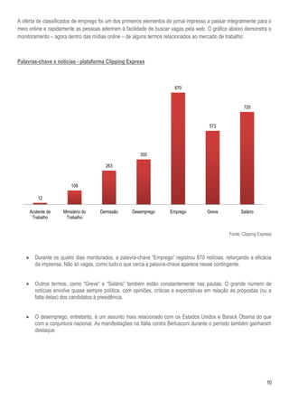 10
A oferta de classificados de emprego foi um dos primeiros elementos do jornal impresso a passar integralmente para o
meio online e rapidamente as pessoas aderiram à facilidade de buscar vagas pela web. O gráfico abaixo demonstra o
monitoramento – agora dentro das mídias online – de alguns termos relacionados ao mercado de trabalho:
Palavras-chave x notícias - plataforma Clipping Express
Fonte: Clipping Express
 Durante os quatro dias monitorados, a palavra-chave “Emprego” registrou 870 notícias, reforçando a eficácia
da imprensa. Não só vagas, como tudo o que cerca a palavra-chave aparece nesse contingente.
 Outros termos, como “Greve” e “Salário” também estão constantemente nas pautas. O grande número de
notícias envolve quase sempre política, com opiniões, críticas e expectativas em relação às propostas (ou a
falta delas) dos candidatos à presidência.
 O desemprego, entretanto, é um assunto mais relacionado com os Estados Unidos e Barack Obama do que
com a conjuntura nacional. As manifestações na Itália contra Berlusconi durante o período também ganharam
destaque.
12
108
263
350
870
573
720
Acidente de
Trabalho
Ministério do
Trabalho
Demissão Desemprego Emprego Greve Salário
 