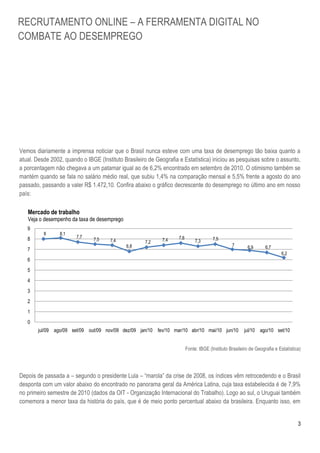 3
Vemos diariamente a imprensa noticiar que o Brasil nunca esteve com uma taxa de desemprego tão baixa quanto a
atual. Desde 2002, quando o IBGE (Instituto Brasileiro de Geografia e Estatística) iniciou as pesquisas sobre o assunto,
a porcentagem não chegava a um patamar igual ao de 6,2% encontrado em setembro de 2010. O otimismo também se
mantém quando se fala no salário médio real, que subiu 1,4% na comparação mensal e 5,5% frente a agosto do ano
passado, passando a valer R$ 1.472,10. Confira abaixo o gráfico decrescente do desemprego no último ano em nosso
país:
Fonte: IBGE (Instituto Brasileiro de Geografia e Estatística)
Depois de passada a – segundo o presidente Lula – “marola” da crise de 2008, os índices vêm retrocedendo e o Brasil
desponta com um valor abaixo do encontrado no panorama geral da América Latina, cuja taxa estabelecida é de 7,9%
no primeiro semestre de 2010 (dados da OIT - Organização Internacional do Trabalho). Logo ao sul, o Uruguai também
comemora a menor taxa da história do país, que é de meio ponto percentual abaixo da brasileira. Enquanto isso, em
8 8,1
7,7
7,5 7,4
6,8
7,2 7,4 7,6
7,3 7,5
7 6,9 6,7
6,2
0
1
2
3
4
5
6
7
8
9
jul/09 ago/09 set/09 out/09 nov/09 dez/09 jan/10 fev/10 mar/10 abr/10 mai/10 jun/10 jul/10 ago/10 set/10
Mercado de trabalho
Veja o desempenho da taxa de desemprego
RECRUTAMENTO ONLINE – A FERRAMENTA DIGITAL NO
COMBATE AO DESEMPREGO
 