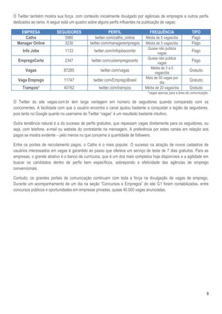 9
O Twitter também mostra sua força, com conteúdo inicialmente divulgado por agências de empregos e outros perfis
dedicados ao ramo. A seguir está um quadro sobre alguns perfis influentes na publicação de vagas:
EMPRESA SEGUIDORES PERFIL FREQUÊNCIA TIPO
Catho 5980 twitter.com/catho_online Média de 5 vagas/dia Pago
Manager Online 3230 twitter.com/managerempregos Média de 5 vagas/dia Pago
Info Jobs 1133 twitter.com/infojobscombr
Quase não publica
vagas
Pago
EmpregoCerto 2347 twitter.com/uolempregocerto
Quase não publica
vagas
Pago
Vagas 87285 twitter.com/vagas
Média de 3 a 5
vagas/dia
Gratuito
Vaga Emprego 11747 twitter.com/EmpregoBrasil
Mais de 50 vagas por
dia
Gratuito
Trampos* 40162 twitter.com/trampos Média de 20 vagas/dia Gratuito
*vagas apenas para a área de comunicação.
O Twitter do site vagas.com.br tem larga vantagem em número de seguidores quando comparado com os
concorrentes. A facilidade com que o usuário encontra o canal ajudou bastante a conquistar a legião de seguidores,
pois tanto no Google quanto no username do Twitter “vagas” é um resultado bastante intuitivo.
Outra tendência natural é a do sucesso de perfis gratuitos, que repassam vagas diretamente para os seguidores, ou
seja, com telefone, e-mail ou website do contratante na mensagem. A preferência por estes canais em relação aos
pagos se mostra evidente – pelo menos no que concerne à quantidade de followers.
Entre os portais de recrutamento pagos, o Catho é o mais popular. O sucesso na atração de novos cadastros de
usuários interessados em vagas é garantido ao passo que oferece um serviço de teste de 7 dias gratuitos. Para as
empresas, o grande atrativo é o banco de currículos, que é um dos mais completos hoje disponíveis e a agilidade em
buscar os candidatos dentro de perfis bem específicos, sobrepondo a efetividade das agências de emprego
convencionais.
Contudo, os grandes portais de comunicação continuam com toda a força na divulgação de vagas de emprego.
Durante um acompanhamento de um dia na seção “Concursos e Empregos” do site G1 foram contabilizadas, entre
concursos públicos e oportunidades em empresas privadas, quase 40.000 vagas anunciadas.
 
