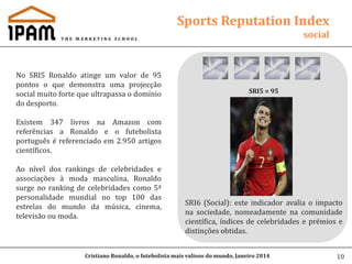 Sports Reputation Index
social

No SRI5 Ronaldo atinge um valor de 95
pontos o que demonstra uma projecção
social muito forte que ultrapassa o domínio
do desporto.

SRI5 = 95

Existem 347 livros na Amazon com
referências a Ronaldo e o futebolista
português é referenciado em 2.950 artigos
científicos.
Ao nível dos rankings de celebridades e
associações à moda masculina, Ronaldo
surge no ranking de celebridades como 5ª
personalidade mundial no top 100 das
estrelas do mundo da música, cinema,
televisão ou moda.

SRI6 (Social): este indicador avalia o impacto
na sociedade, nomeadamente na comunidade
científica, índices de celebridades e prémios e
distinções obtidas.

Cristiano Ronaldo, o futebolista mais valioso do mundo, Janeiro 2014

10

 