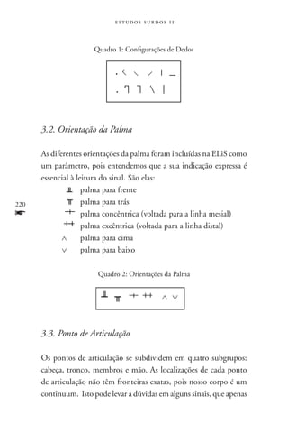 estudos surdos 11



                      Quadro 1: Configurações de Dedos




      3.2. Orientação da Palma

      As diferentes orientações da palma foram incluídas na ELiS como
      um parâmetro, pois entendemos que a sua indicação expressa é
      essencial à leitura do sinal. São elas:
             	       palma para frente
220          	       palma para trás
f                  	palma concêntrica (voltada para a linha mesial)
                    	palma excêntrica (voltada para a linha distal)
             ∧	 palma para cima
             ∨	 palma para baixo

                       Quadro 2: Orientações da Palma




      3.3. Ponto de Articulação

      Os pontos de articulação se subdividem em quatro subgrupos:
      cabeça, tronco, membros e mão. As localizações de cada ponto
      de articulação não têm fronteiras exatas, pois nosso corpo é um
      continuum. Isto pode levar a dúvidas em alguns sinais, que apenas
 