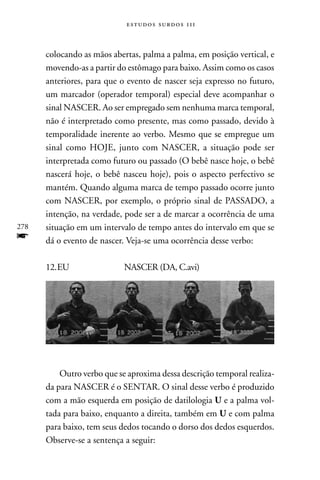 estudos surdos 11i



      colocando as mãos abertas, palma a palma, em posição vertical, e
      movendo-as a partir do estômago para baixo. Assim como os casos
      anteriores, para que o evento de nascer seja expresso no futuro,
      um marcador (operador temporal) especial deve acompanhar o
      sinal nASCER. Ao ser empregado sem nenhuma marca temporal,
      não é interpretado como presente, mas como passado, devido à
      temporalidade inerente ao verbo. Mesmo que se empregue um
      sinal como HOJE, junto com nASCER, a situação pode ser
      interpretada como futuro ou passado (O bebê nasce hoje, o bebê
      nascerá hoje, o bebê nasceu hoje), pois o aspecto perfectivo se
      mantém. Quando alguma marca de tempo passado ocorre junto
      com nASCER, por exemplo, o próprio sinal de PASSADO, a
      intenção, na verdade, pode ser a de marcar a ocorrência de uma
278   situação em um intervalo de tempo antes do intervalo em que se
f     dá o evento de nascer. Veja-se uma ocorrência desse verbo:

      12. EU                nASCER (DA, C.avi)




          Outro verbo que se aproxima dessa descrição temporal realiza-
      da para nASCER é o SEnTAR. O sinal desse verbo é produzido
      com a mão esquerda em posição de datilologia U e a palma vol-
      tada para baixo, enquanto a direita, também em U e com palma
      para baixo, tem seus dedos tocando o dorso dos dedos esquerdos.
      Observe-se a sentença a seguir:
 