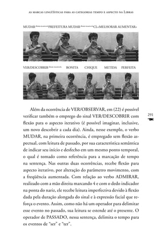 as marcas lingüísticas para as categorias tempo e aspecto na Libras



MUDAR+flexão-iterativo4xPREFEITURA MUDAR+flexão-iterativo3xCLMELHORAR AUMEnTAR




VER/DESCOBRIR+flexão-iterativo4x   BOnITA   CHIQUE      METIDA      PERFEITA




    Além da ocorrência de VER/OBSERVAR, em (22) é possível
verificar também o emprego do sinal VER/DESCOBRIR com                              291

flexão para o aspecto iterativo (é possível imaginar, inclusive,
                                                                                   F
um novo descobrir a cada dia). Ainda, nesse exemplo, o verbo
MUDAR, na primeira ocorrência, é empregado sem flexão as-
pectual, com leitura de passado, por sua característica semântica
de indicar seu início e desfecho em um mesmo ponto temporal,
o qual é tomado como referência para a marcação de tempo
na sentença. nas outras duas ocorrências, recebe flexão para
aspecto iterativo, por alteração do parâmetro movimento, com
a freqüência aumentada. Com relação ao verbo ADMIRAR,
realizado com a mão direita marcando 4 e com o dedo indicador
na ponta do nariz, ele recebe leitura imperfectiva devido à flexão
dada pela duração alongada do sinal e à expressão facial que re-
força o evento. Assim, como não há um operador para delimitar
esse evento no passado, sua leitura se estende até o presente. O
operador de PASSADO, nessa sentença, delimita o tempo para
os eventos de “ser” e “ter”.
 